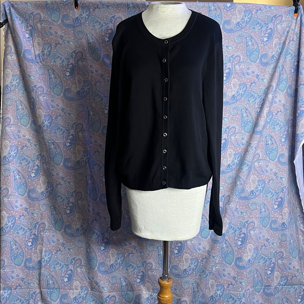 Tommy Hilfiger Womens Black Cotton Button Front Cardigan Sweater XL Crew Neck